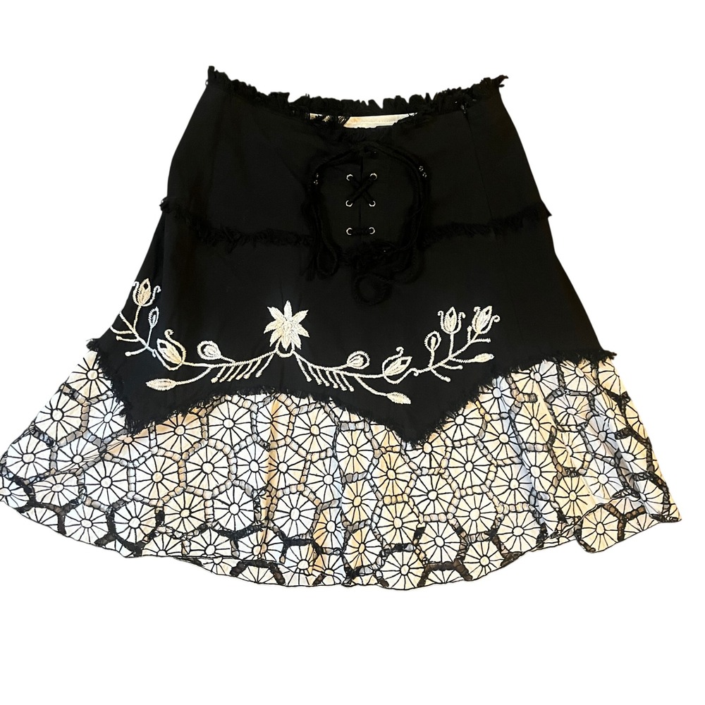 Anthropologie Basil & Maude Skirt Women Size 10 Black Embroidered Floral A Line